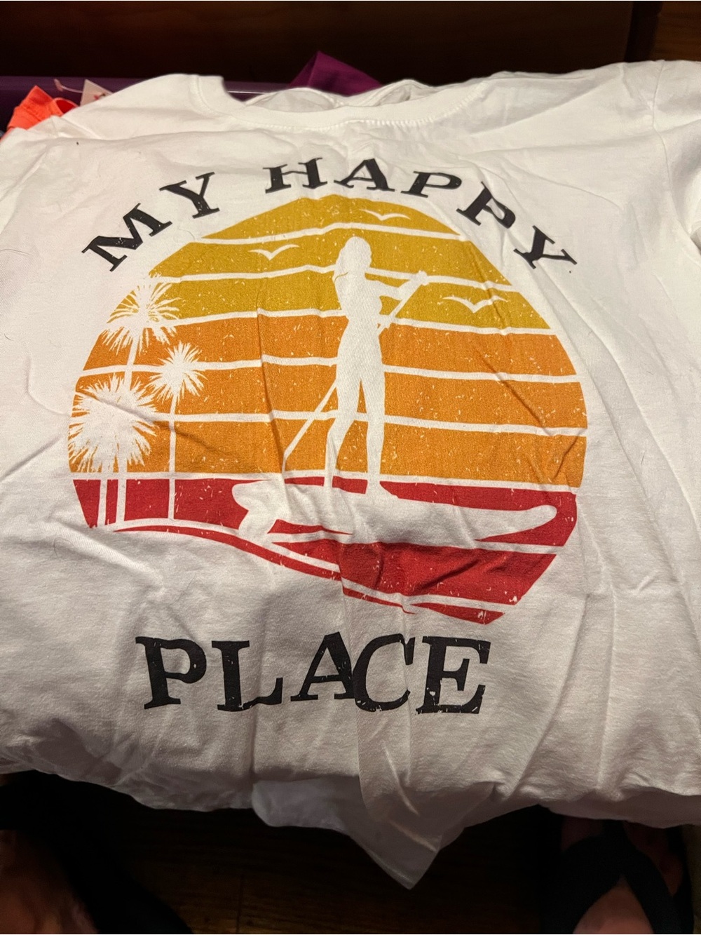My Happy Place Paddleboard Graphic Tee - White with Sunset Print